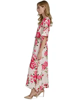 Halston Women's Satin Floral-Print Belted Dress