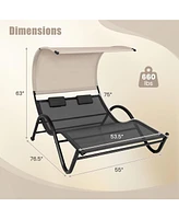 Skonyon Outdoor Double Chaise Lounge Chair with Sunshade Canopy and Headrest Pillows