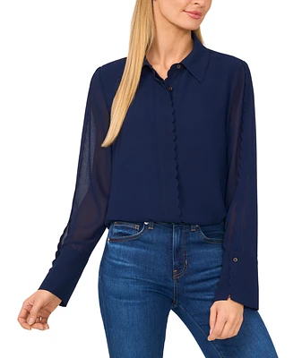 CeCe Women's Scalloped-Trim Collared Long-Sleeve Blouse