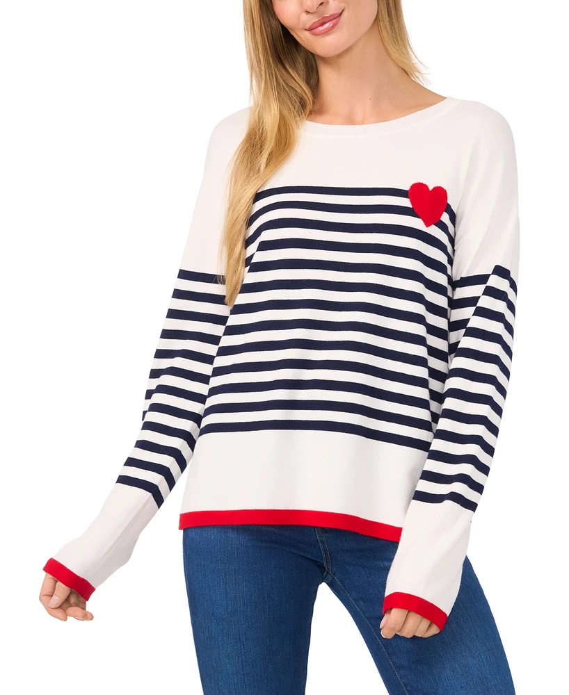 CeCe Women's Sailor Stripe Heart-Trim Sweater