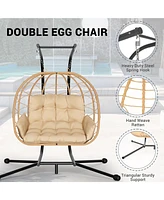 Pamapic Outdoor 2-Person Hanging Wicker Double Egg Porch Swing Chair with Stand and Beige Cushion