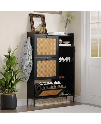 gaomon Shoe Cabinet, Natural Rattan Freestanding Shoe Organizer with 3 Flip-out Drawers and 4 Open Shelves Side Cabinet