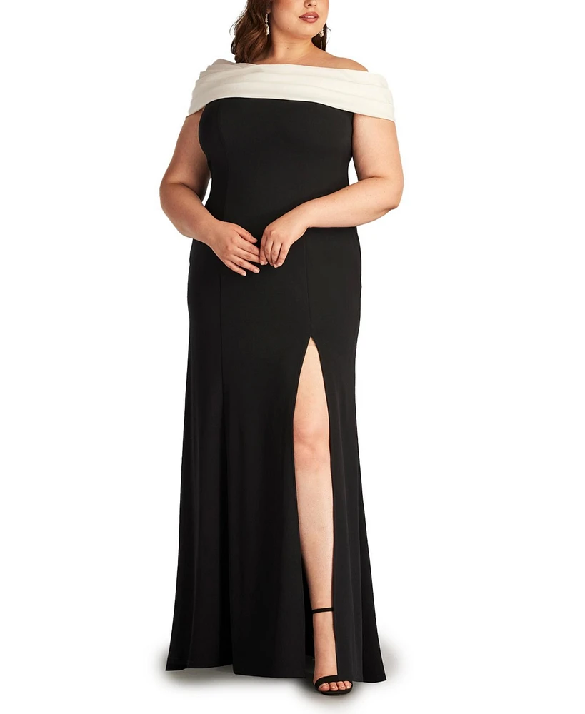 Tadashi Shoji Plus Size Dalton Two-Tone Off-Shoulder Gown