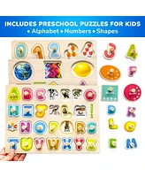 Quokka 8XSET Wooden Puzzles for Toddlers 2-4 with Rack - Alphabet, Numbers