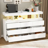 Homsee White Dresser with 9 Handleless Drawers & Led Light, Chest of Drawers with Charging Station
