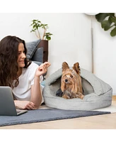 Details Pet Cave Bed, Calming Hooded Dog Bed with Pouch for Small Dogs and Cats, Herringbone Canvas Fleece Deep Dish