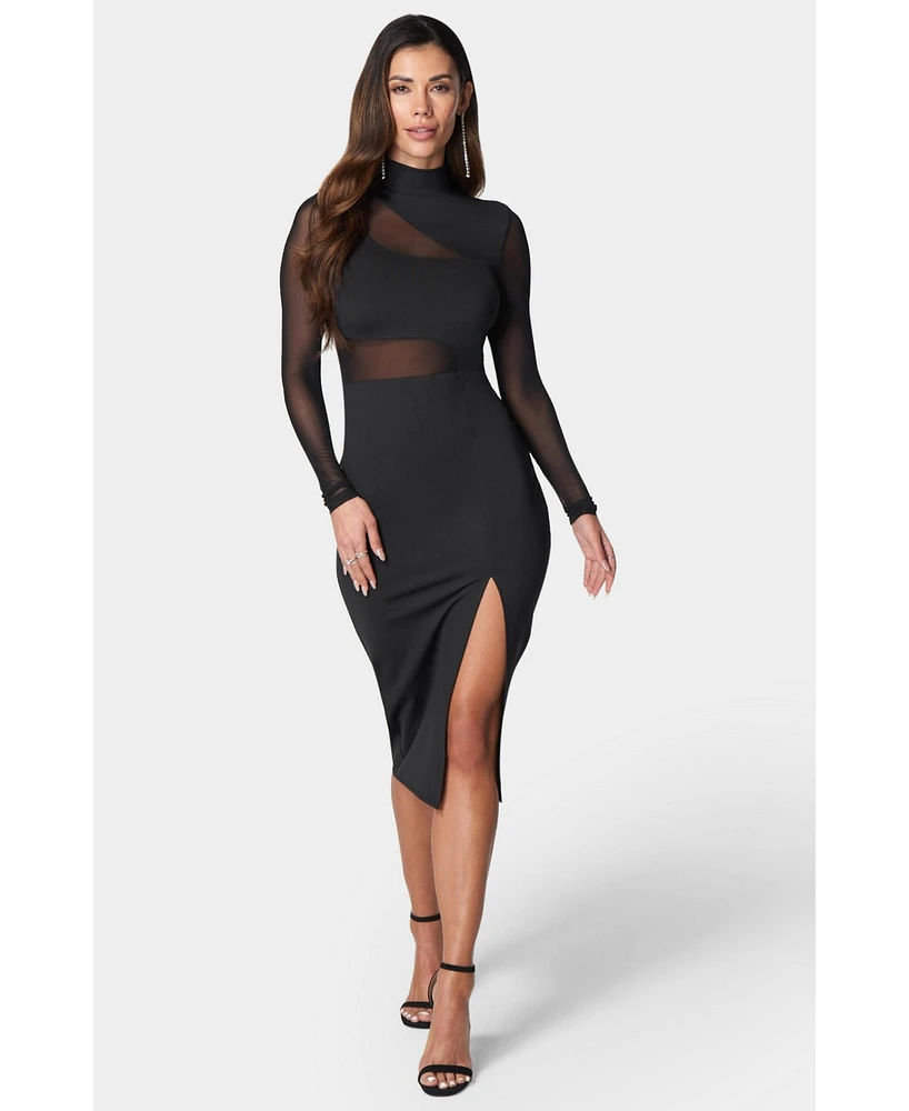 Bebe Women's Mesh Inset Long Sleeve Midi Dress