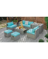 Sugift 8 Pieces Patio Rattan Furniture Set with Storage Waterproof Cover and Cushion-Turquoise