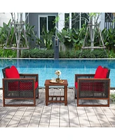 Sugift 3 Pieces Acacia Wood Patio Furniture Set with Coffee Table-Red