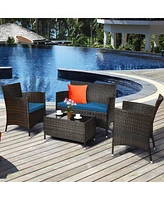 Sugift 4 Pieces Comfortable Outdoor Rattan Sofa Set with Glass Coffee Table-Peacock Blue
