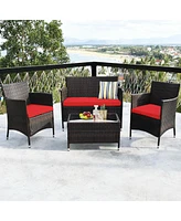 Sugift 4 Pieces Comfortable Rattan Outdoor Conversation Furniture Set with Glass Table