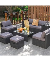 Sugift 8 Pieces Patio Rattan Storage Table Furniture Set-Gray