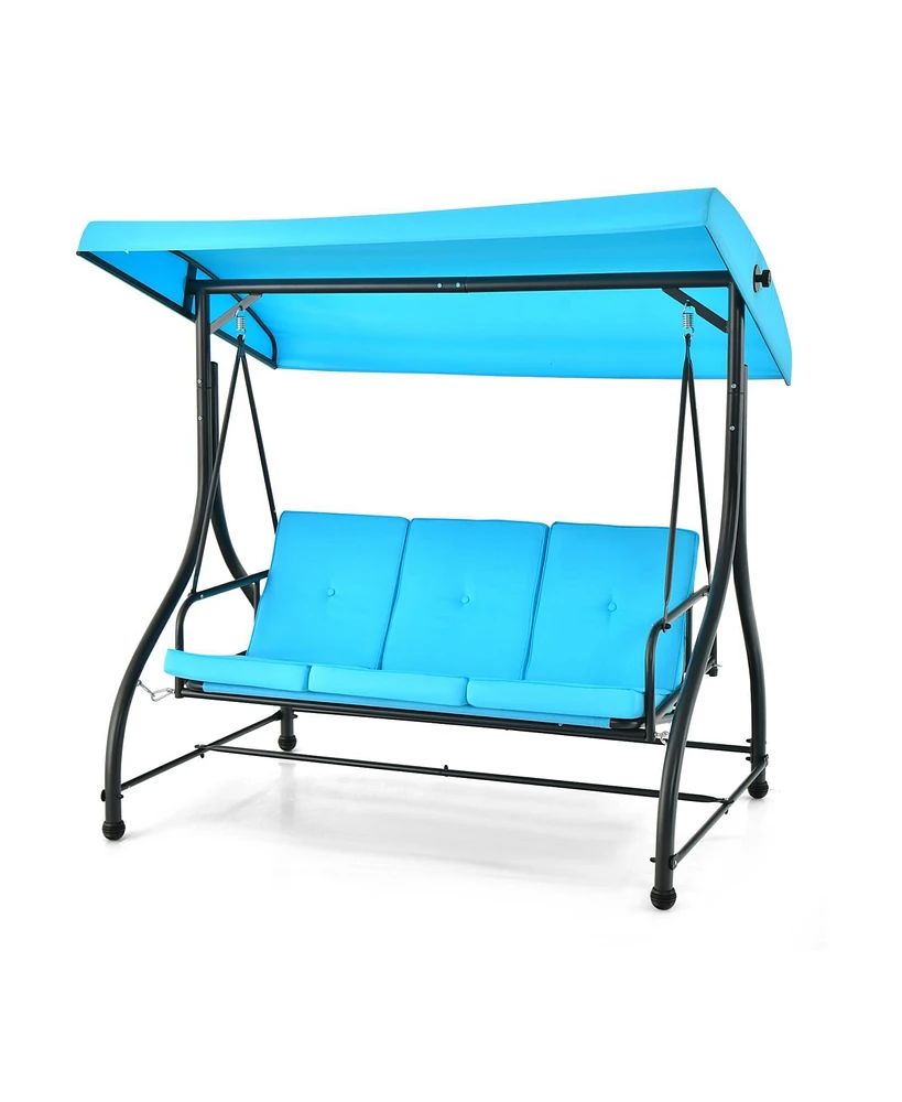 Sugift 3 Seat Outdoor Porch Swing with Adjustable Canopy-Blue