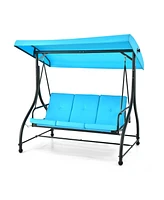 Sugift 3 Seat Outdoor Porch Swing with Adjustable Canopy-Blue