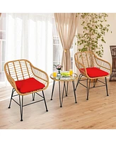 Sugift 3 Pieces Rattan Furniture Set with Cushioned Chair Table-Red