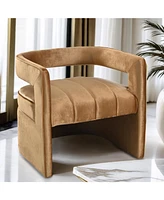 Modern Velvet Accent Chair with Ribbed Detail, Luxury Curved Fully Upholstered Accent Chair, Brown (No Assembly Needed)