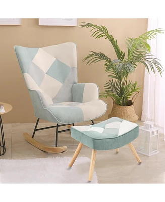 Streamdale Furniture Rocking Chair with ottoman, Mid Century Fabric Rocker Chair with Wood Legs and Patchwork Linen for Livingroom Bedroom