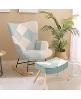 Streamdale Furniture Rocking Chair with ottoman, Mid Century Fabric Rocker Chair with Wood Legs and Patchwork Linen for Livingroom Bedroom