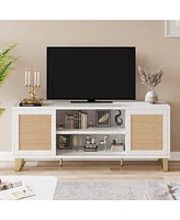 gaomon Tv Stand for 65 Inch Tv, Rattan Entertainment Center Modern Tv Console Table White Tv Stand with Storage, Doors and Shelves