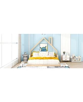 Slickblue Full Size Wood Floor Bed with House-shaped Headboard, Natural