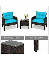 Sugift 3 Pcs Outdoor Patio Rattan Conversation Set with Seat Cushions-Turquoise