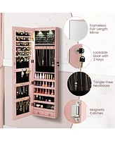 Sugift Wall and Door Mounted Mirrored Jewelry Cabinet with Lights-Pink