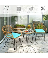 Sugift 3 Pieces Rattan Furniture Set with Cushioned Chair Table-Turquoise