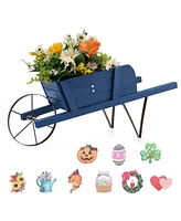 Sugift Wooden Wagon Planter with 9 Magnetic Accessories for Garden Yard-Blue