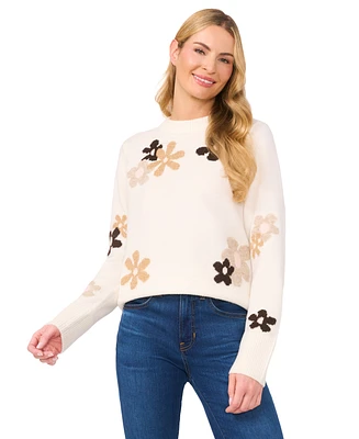 CeCe Women's Flower Patterned Knit Crewneck Sweater