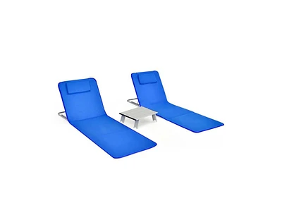 Sugift 3 Pieces Beach Lounge Chair Mat Set 2 Adjustable Lounge Chairs with Table Stripe-Blue