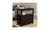 Slickblue Narrow End Table Nightstand with Two Drawers and Open Shelf, Brown Finish for Bedroom or Living Room