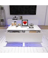 Slickblue High Gloss Coffee Table with 2 Drawers and Rgb Led Lights, Bluetooth Control for Modern Living Room