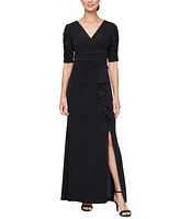 Sl Fashions Women's Sparkle Knit Ruched-Sleeve Gown