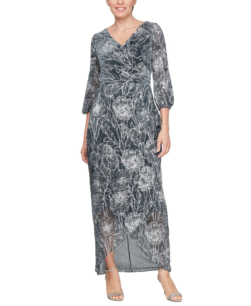 Sl Fashions Women's Metallic Print Blouson-Sleeve High-Low Gown