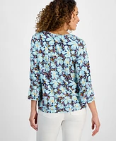 Style & Co Petite Blooming Floral V-Neck Smocked-Shoulder Top, Exclusively at Macy's