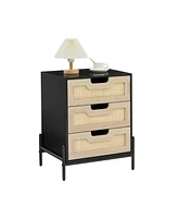gaomon Rattan Nightstand, 25" Tall Black Nightstand with 3 Natural Rattan Drawers, Boho Mid Century Modern End Table Side Table