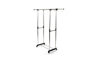 Slickblue Adjustable Dual-Bar Clothes Rack with Vertical & Horizontal Stretch and Shoe Shelf, Silver