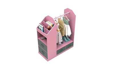 Slickblue Kids Open Hanging Armoire Closet with Mirror, Pink Costume Organizer Rack for Dress-Up Storage