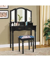 Sugift Simple Vanity Set with Tri-Folding Mirror Drawers and Storage Shelf-Black