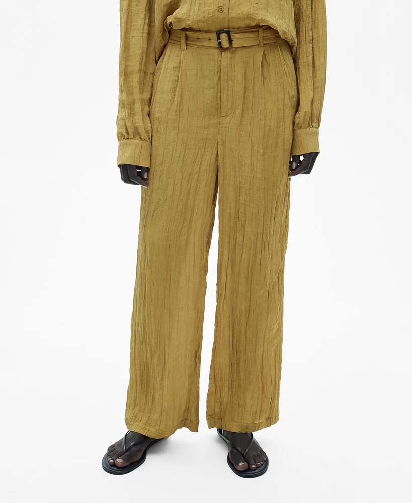 Mango Women's Belt Detail Textured Pants