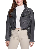 Guess Women's Cropped Belted-Hem Denim Moto Sandy Jacket