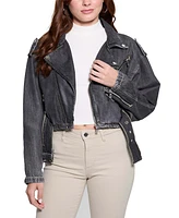 Guess Women's Cropped Belted-Hem Denim Moto Sandy Jacket