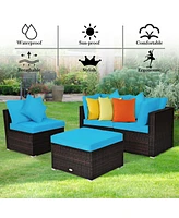 Sugift 4 Pcs Ottoman Garden Deck Patio Rattan Wicker Furniture Set Cushioned Sofa-Turquoise