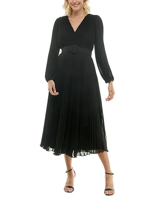 Taylor Women's Pleated Long-Sleeve Chiffon Midi Dress