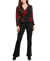 Guess Women's Mishka Long-Sleeve Smocked-Waist Chiffon Top