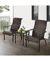 Sugift 3 Pieces Patio Rattan Bistro Set with High Backrest and Armrest
