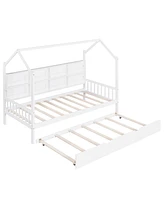 Slickblue Wooden Twin Size House Bed with Trundle and Shelf for Kids