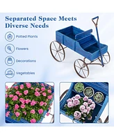 Sugift Wooden Wagon Plant Bed with Metal Wheels for Garden Yard Patio-Blue
