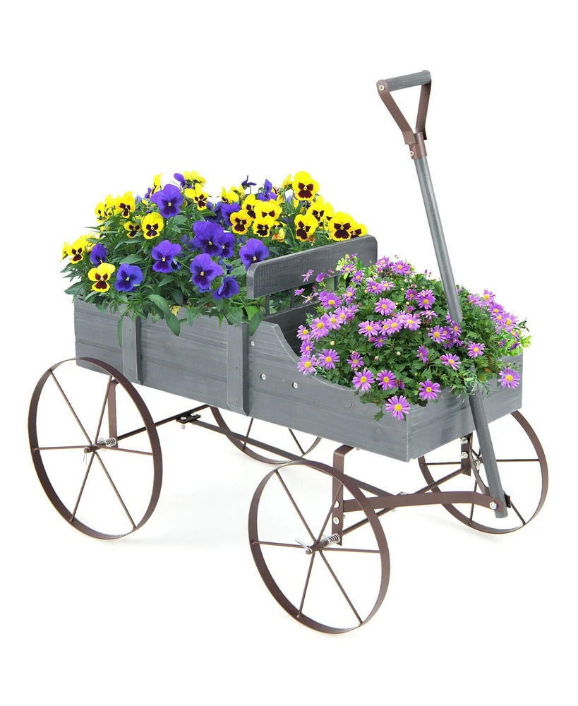 Sugift Wooden Wagon Plant Bed with Metal Wheels for Garden Yard Patio-Gray