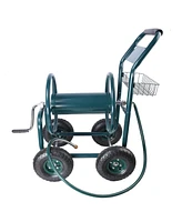 Slickblue Portable Garden Hose Reel Cart with 4 Wheels and Storage Basket, Rust-Resistant Heavy-Duty Water Hose Holder